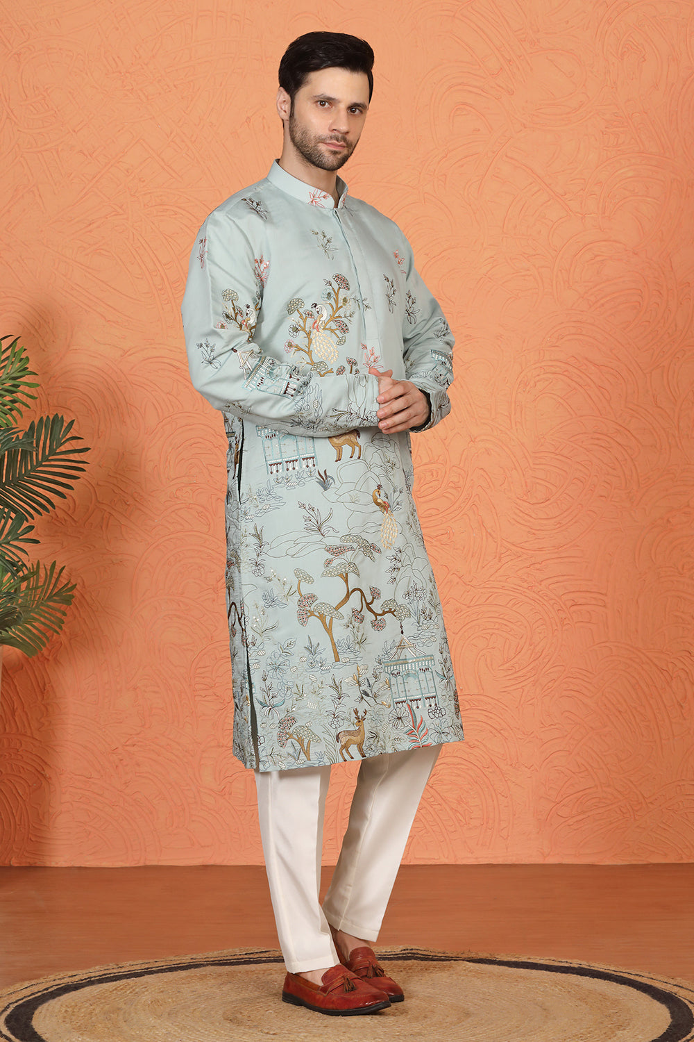 Forest Landscape All Over Embroidered Kurta with Back Elastic Pants