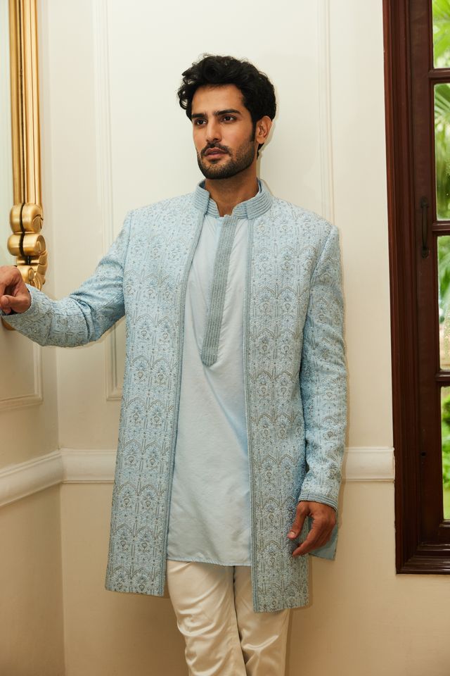 Powder Blue Raw Silk Open Sherwani Jacket with Kurta and Trouser
