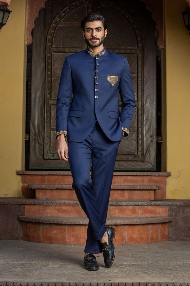 Navy Blue Jodhpuri Suit Zardozi Embroidered