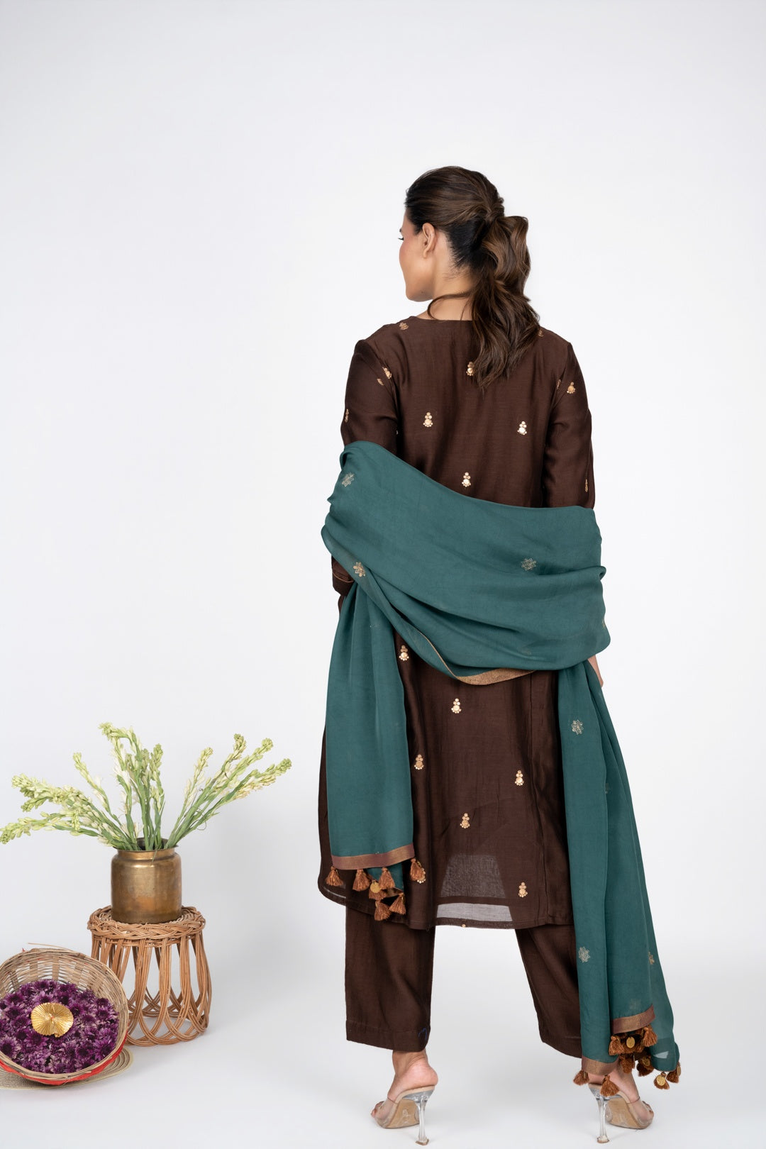 Saanjh Brown Kurta Set With Green Dupatta