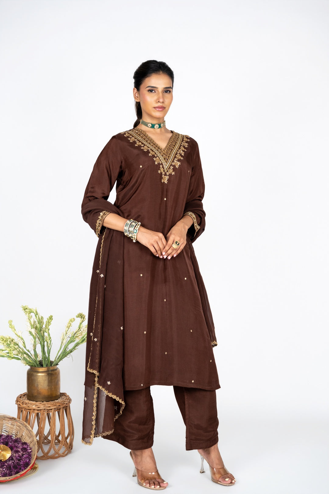 Mahveen Mocha kurta set with Dupatta