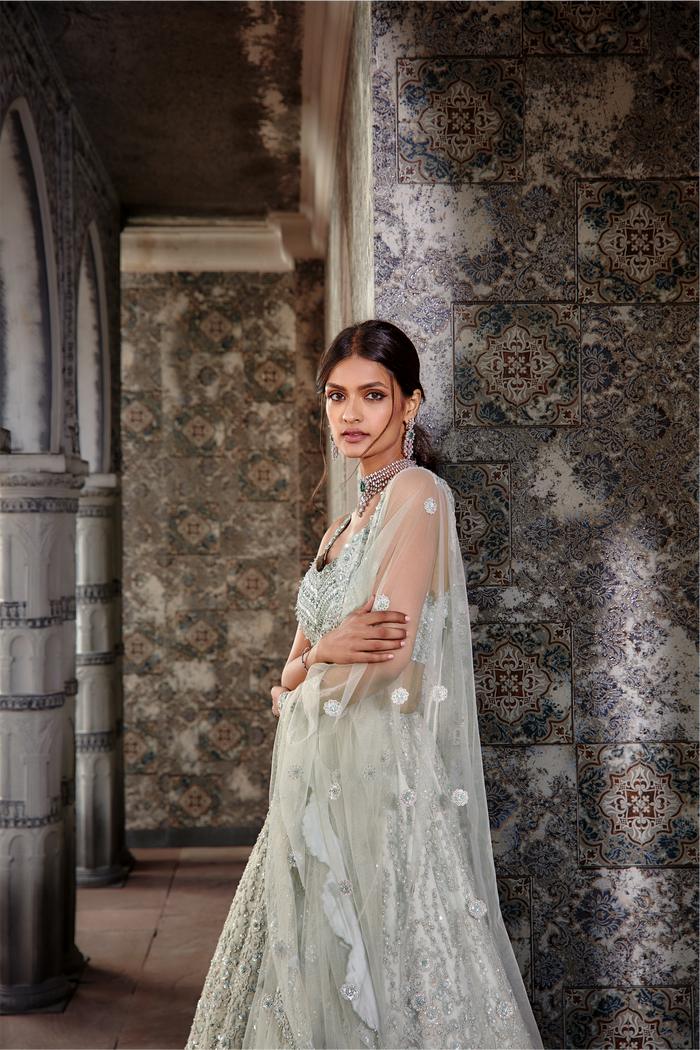 Sage Green Net Ari Lehenga Set