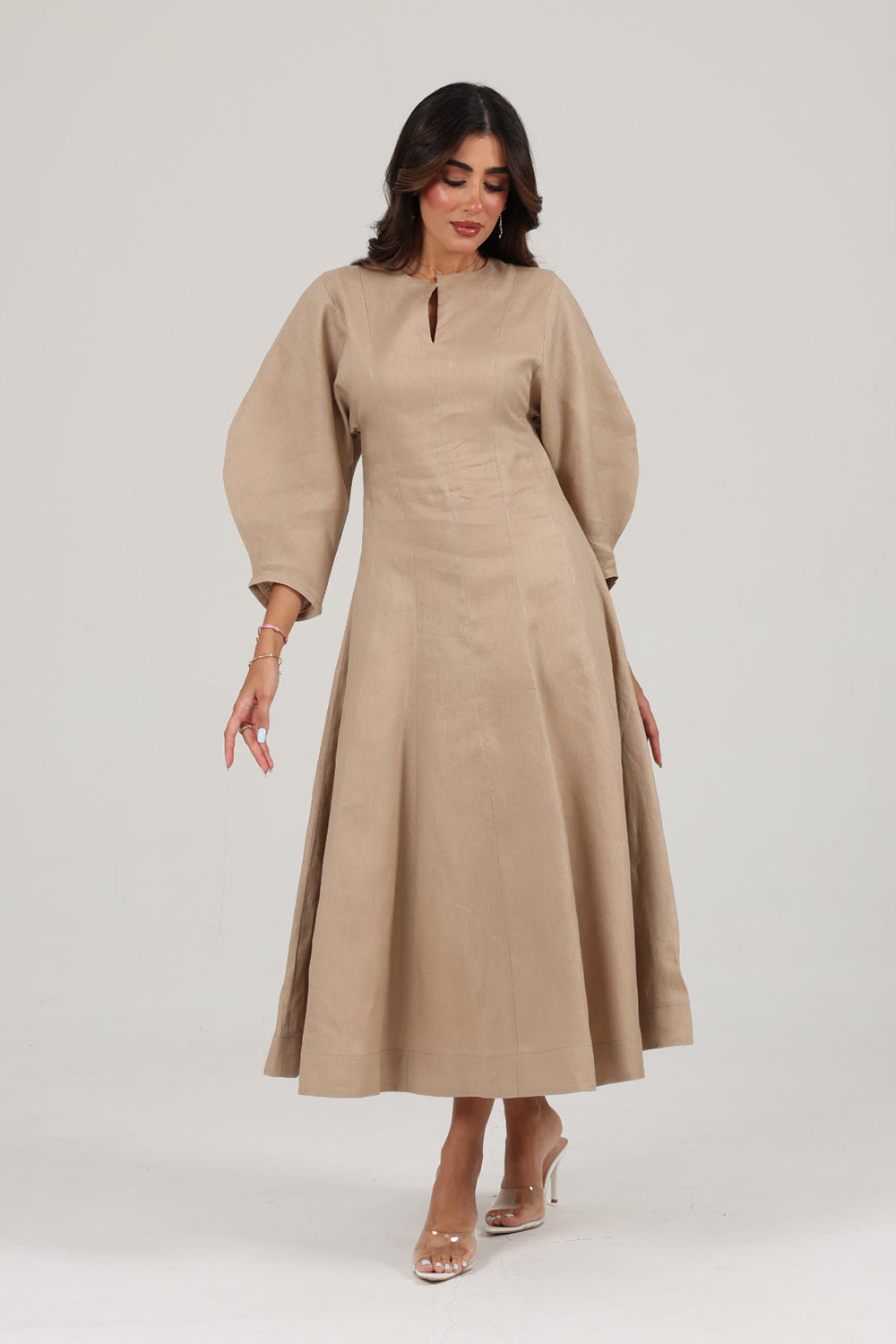Beige Linen A-Line Midi Dress