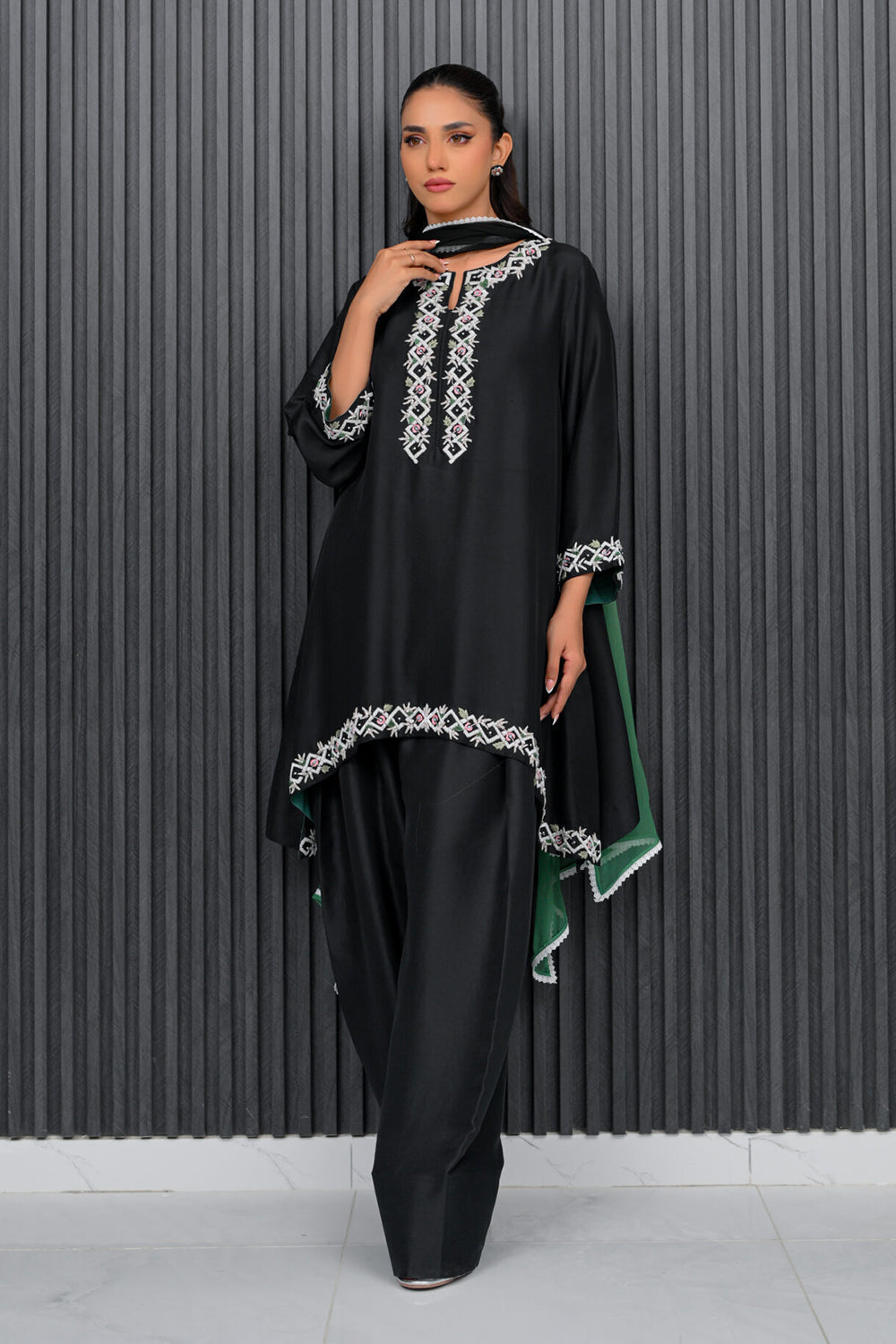 Black and Green Embroidered Farshi Suit Set