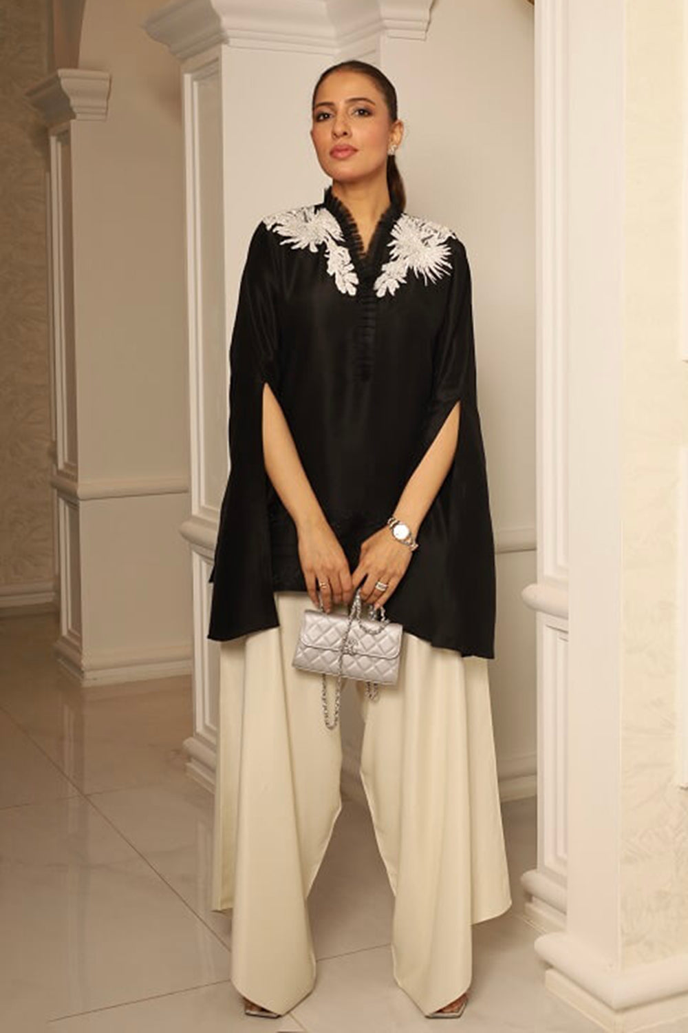 Black & Ivory Embroidered Silk Suit Set
