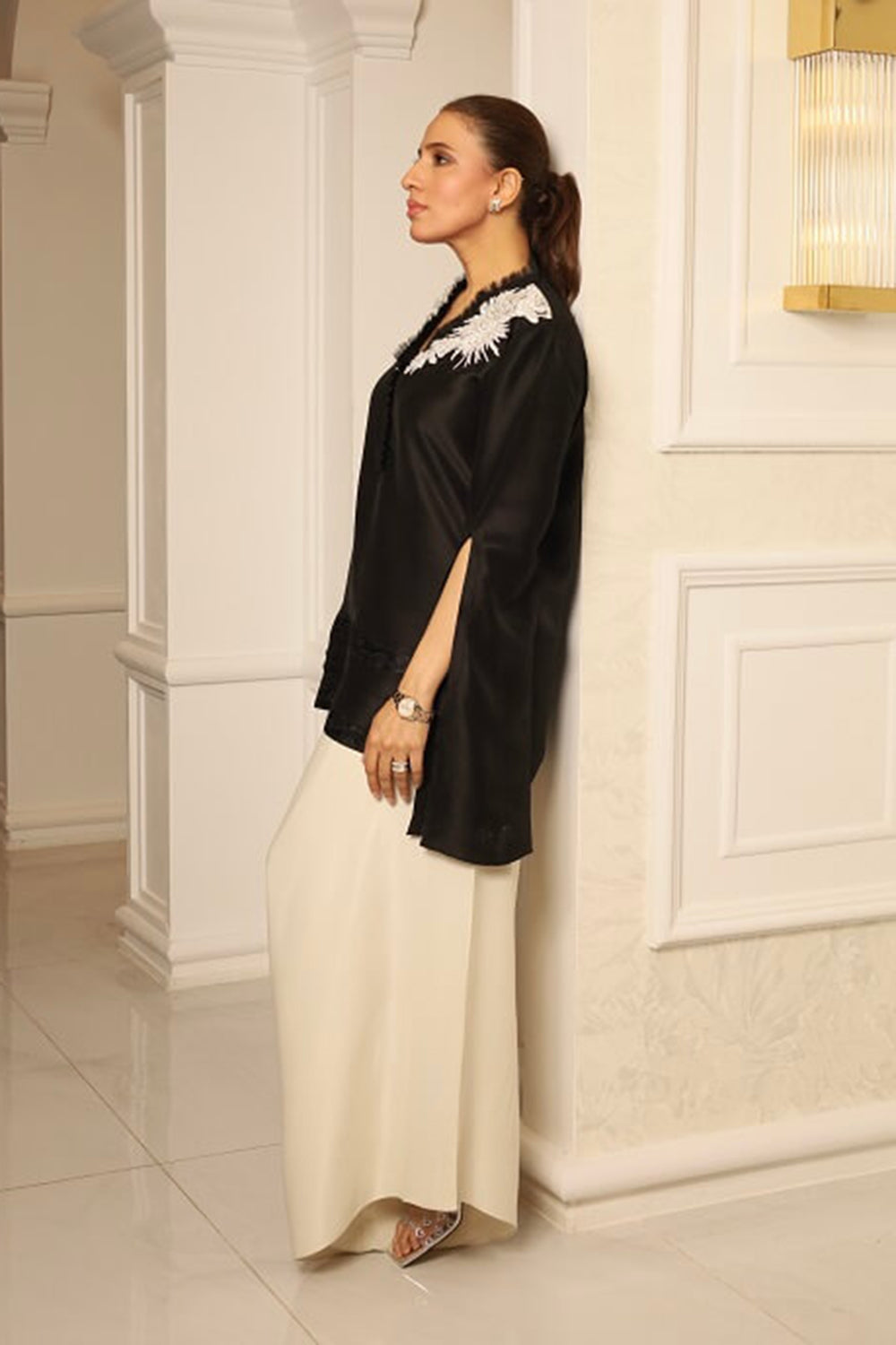 Black & Ivory Embroidered Silk Suit Set