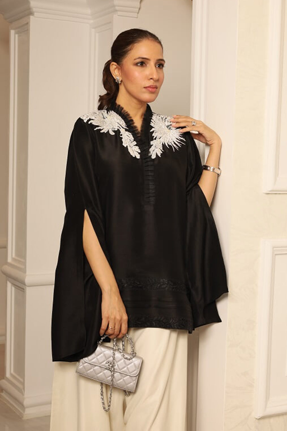 Black & Ivory Embroidered Silk Suit Set