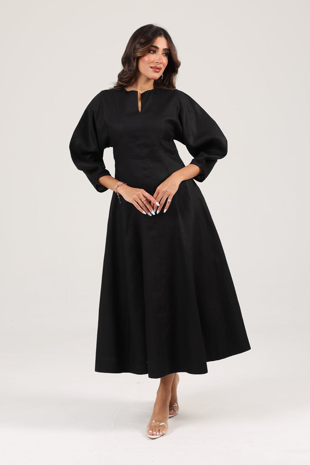 Black Linen A-Line Midi Dress