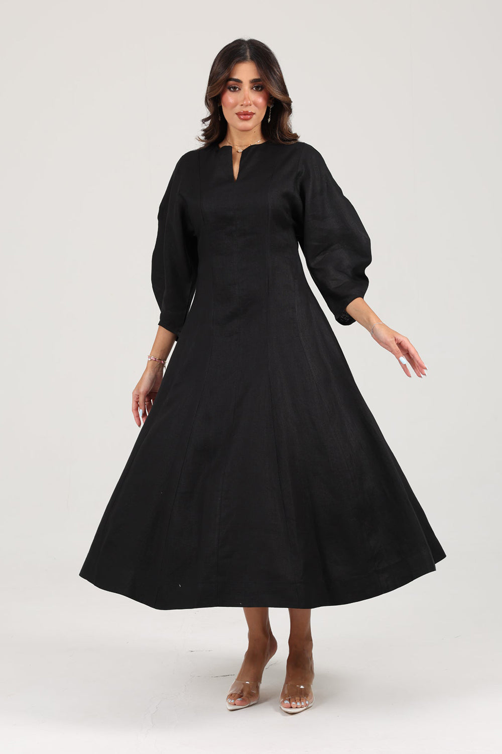Black Linen A-Line Midi Dress
