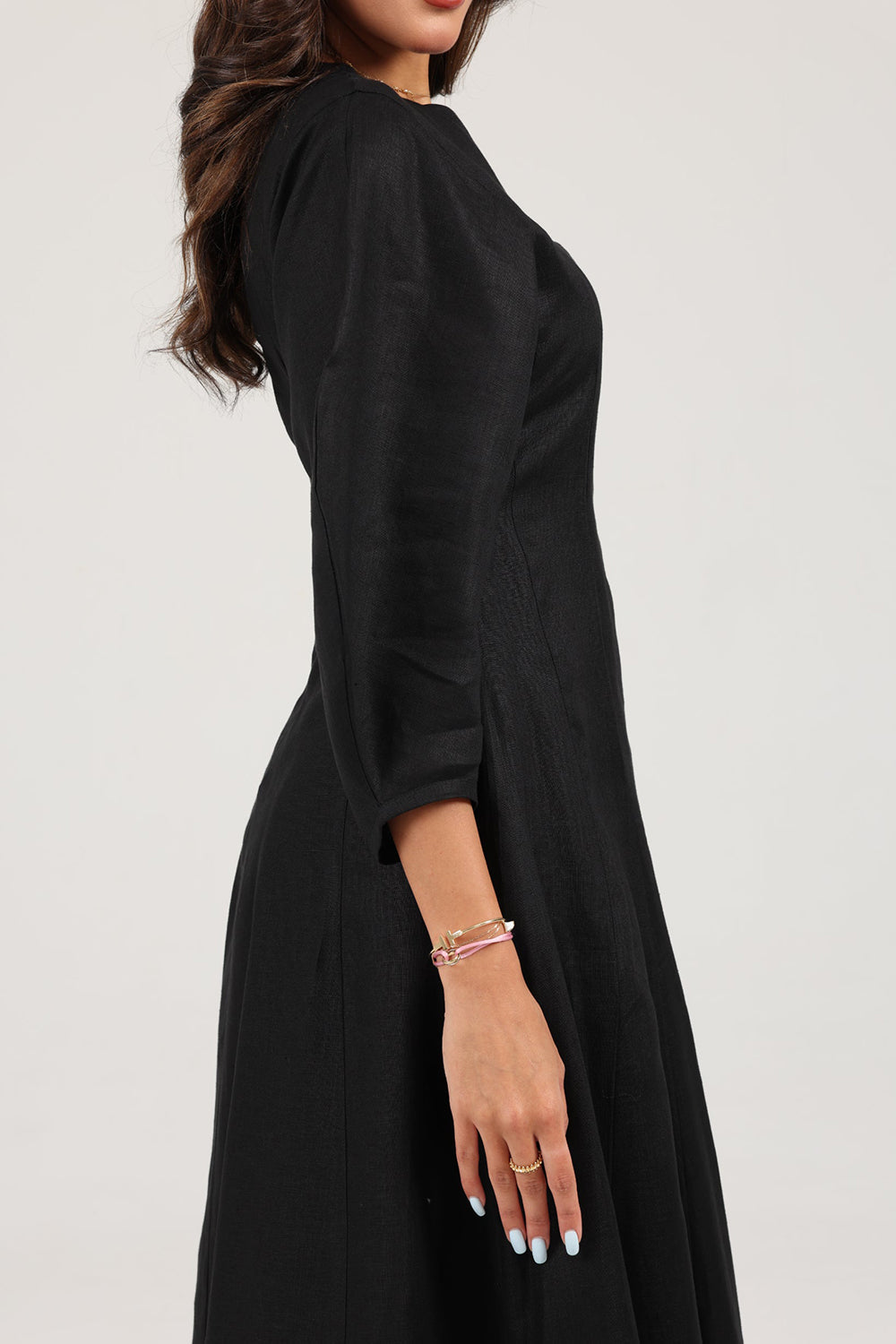 Black Linen A-Line Midi Dress