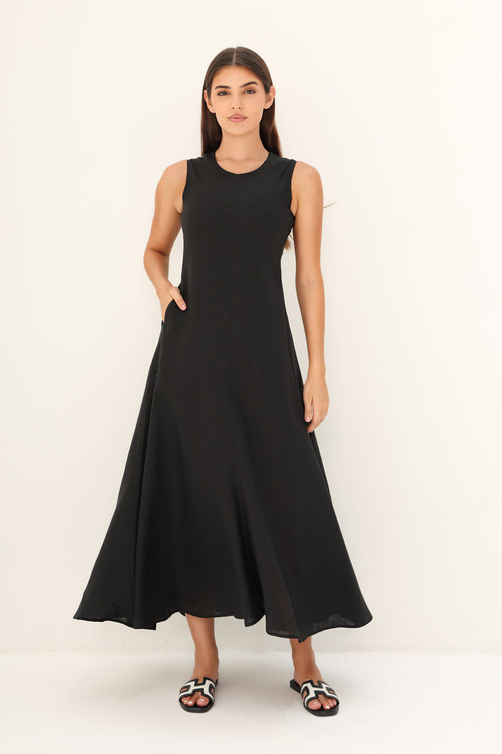 Black Linen Sleeveless A-Line Midi Dress