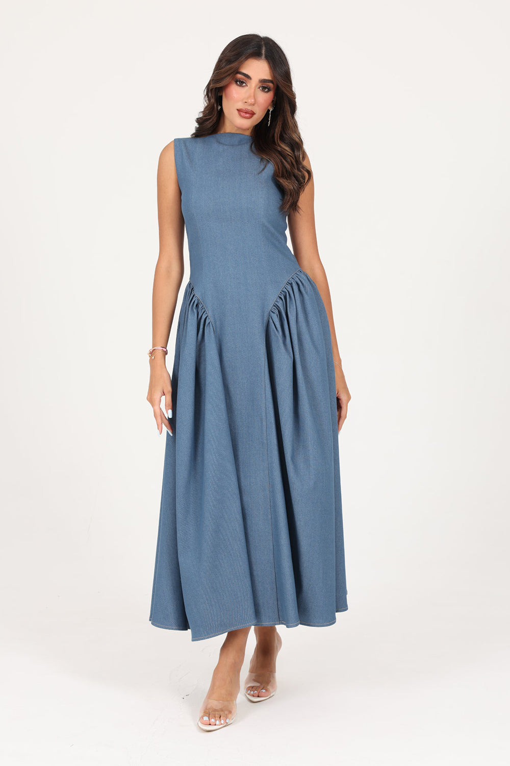 Blue Structured Denim Midi Dress