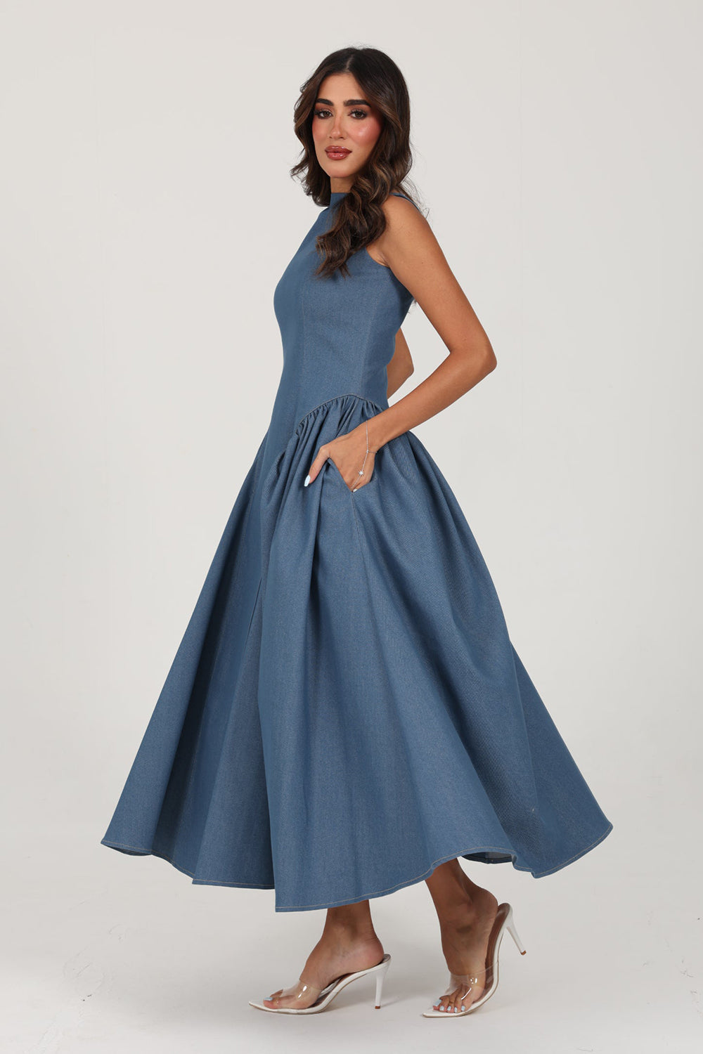 Blue Structured Denim Midi Dress