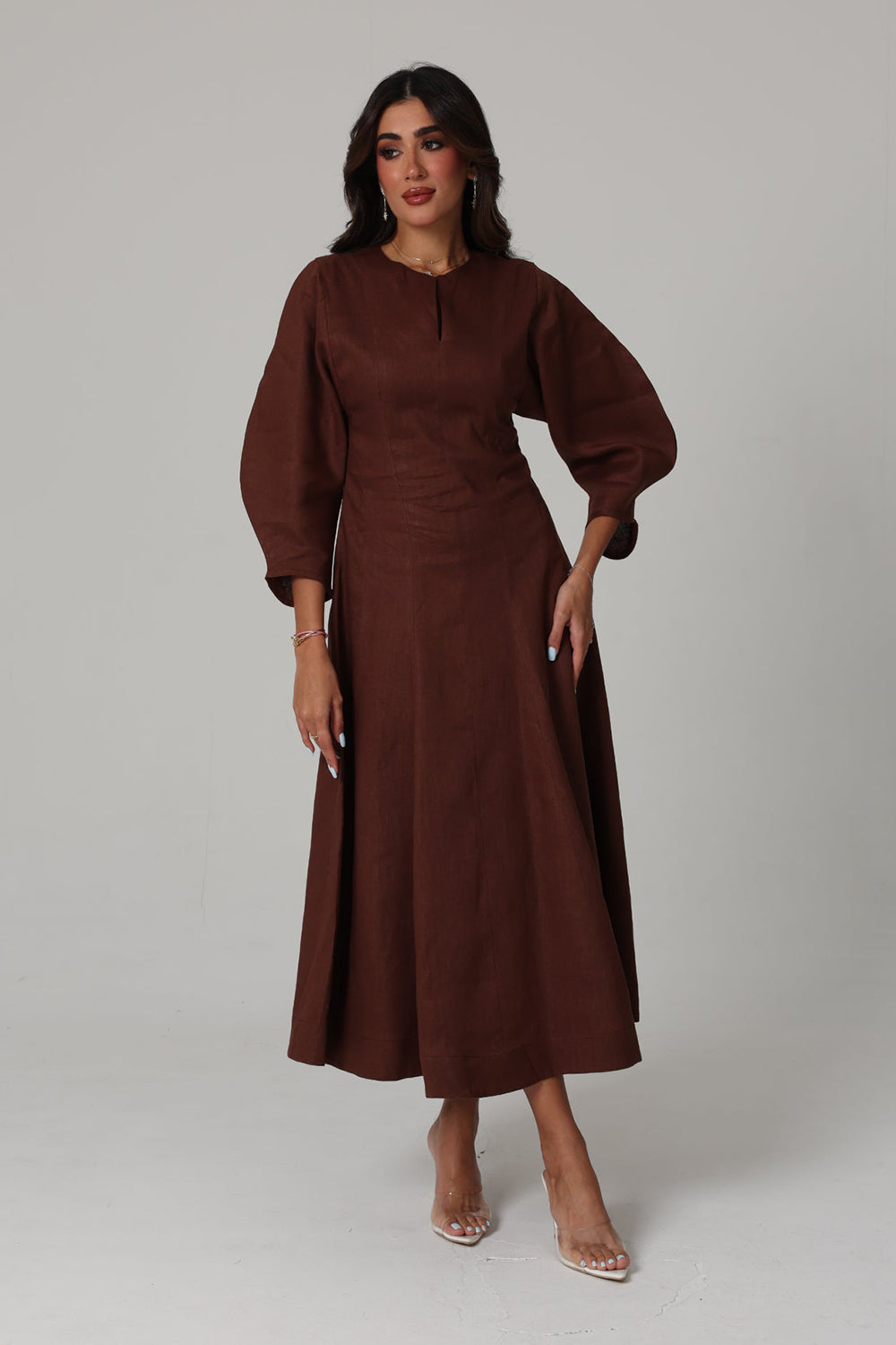 Brown Linen A-Line Midi Dress