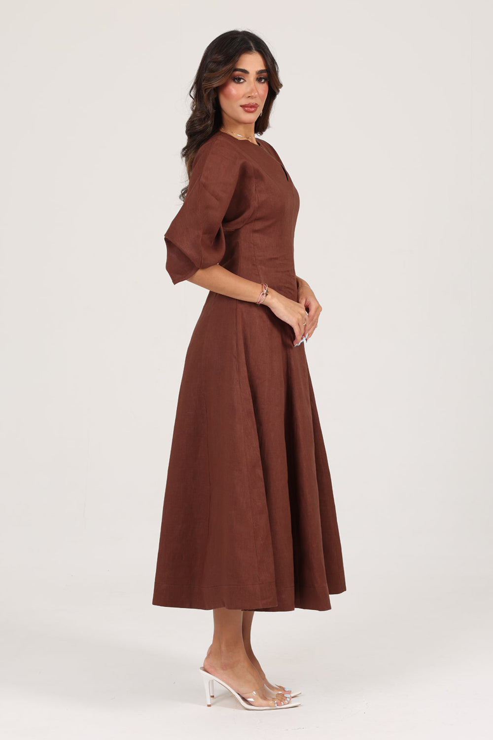 Brown Linen A-Line Midi Dress