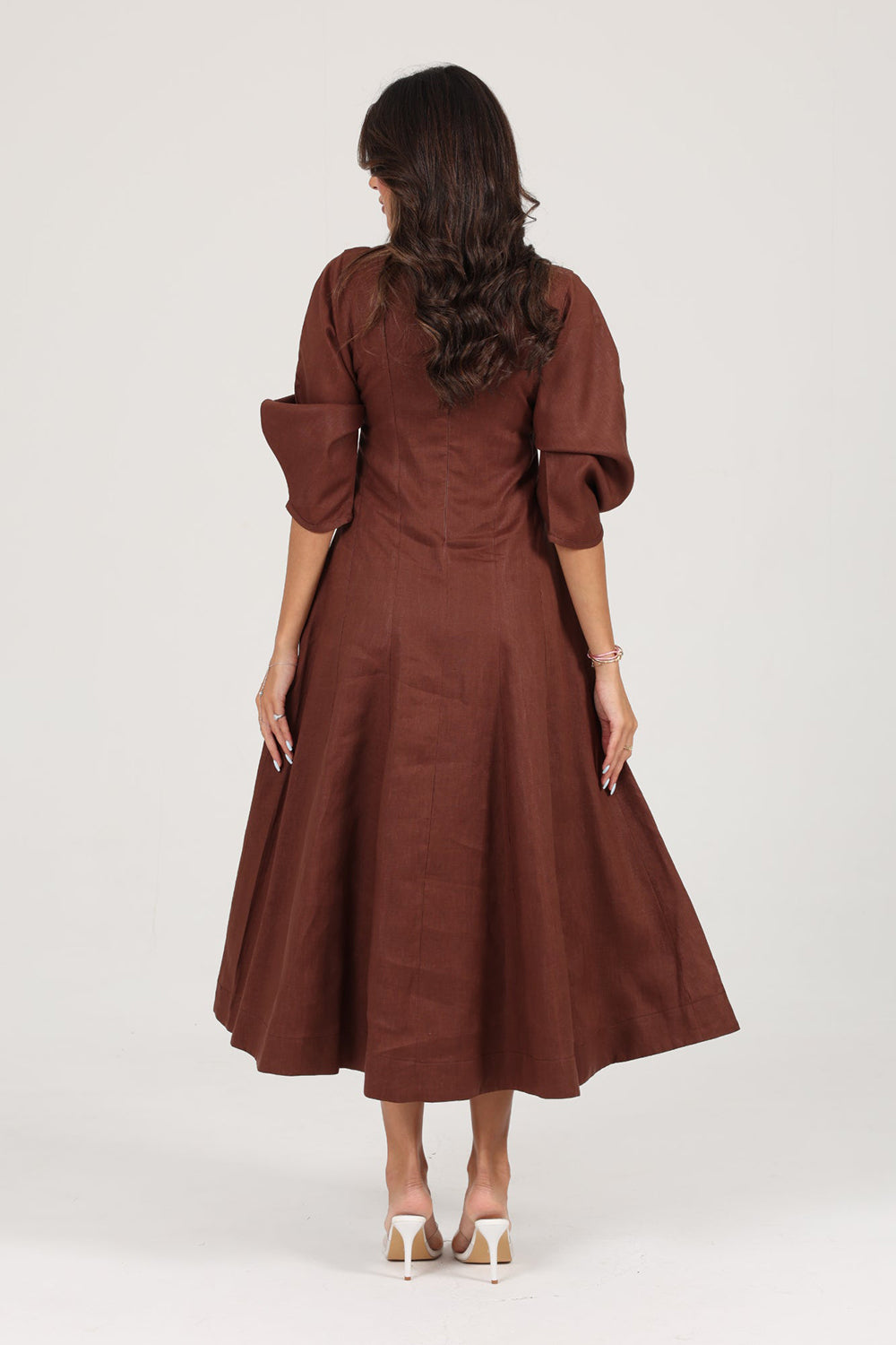 Brown Linen A-Line Midi Dress