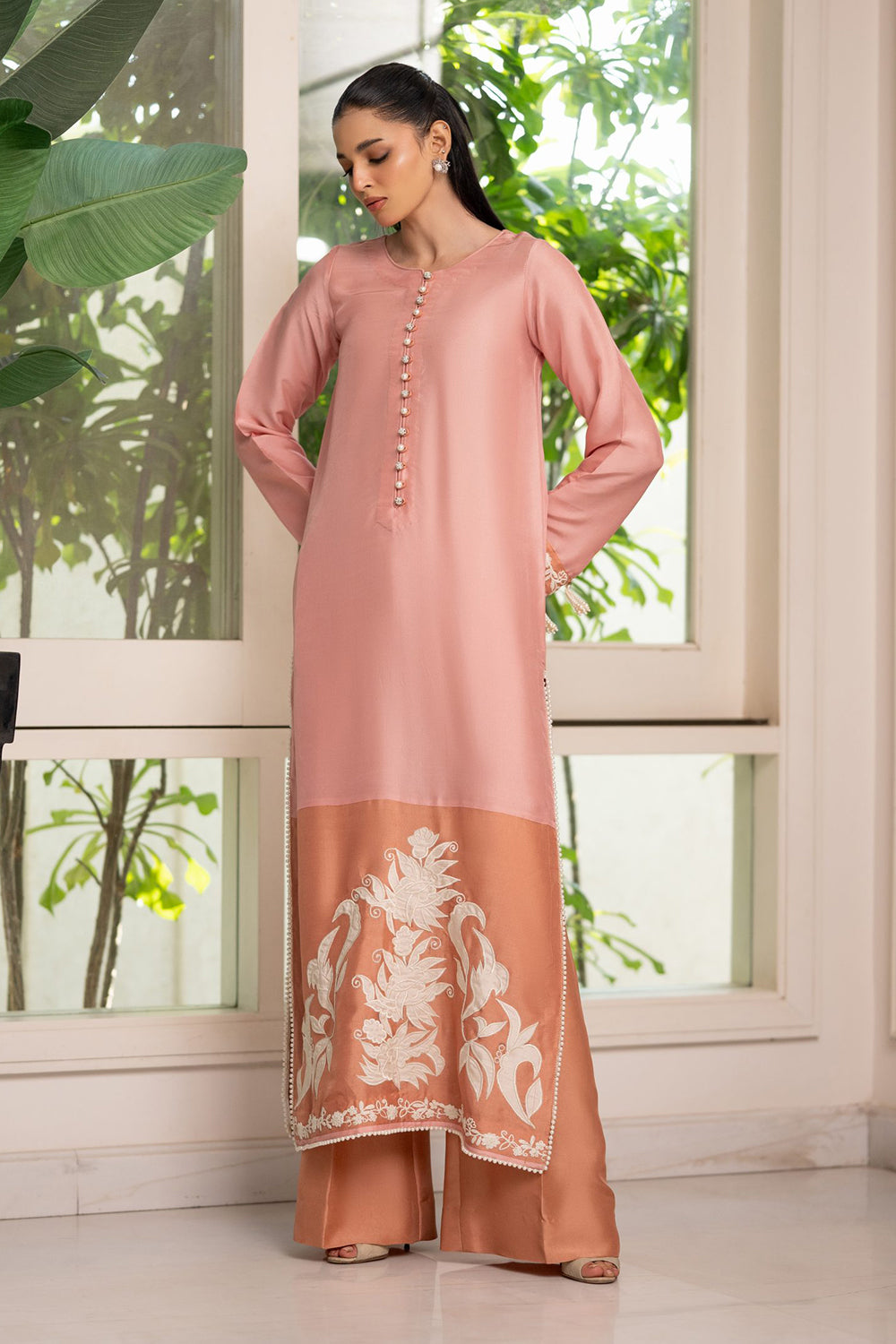 Coral Blush Embroidered Suit Set with Dupatta