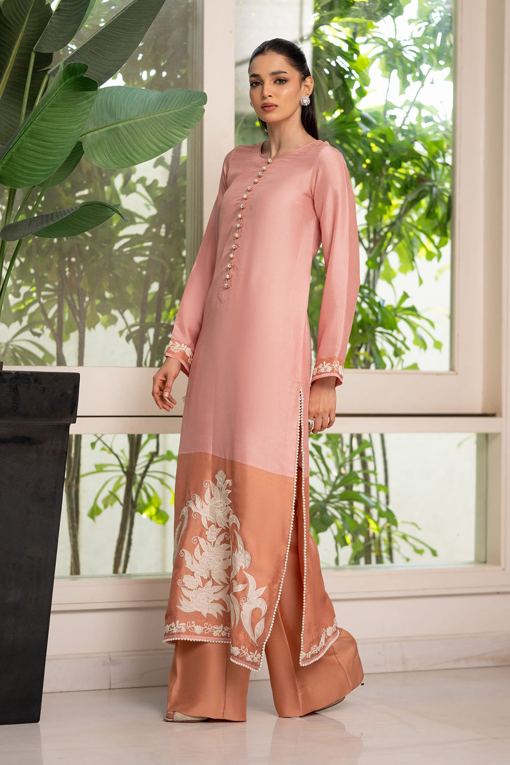 Coral Blush Embroidered Suit Set with Dupatta