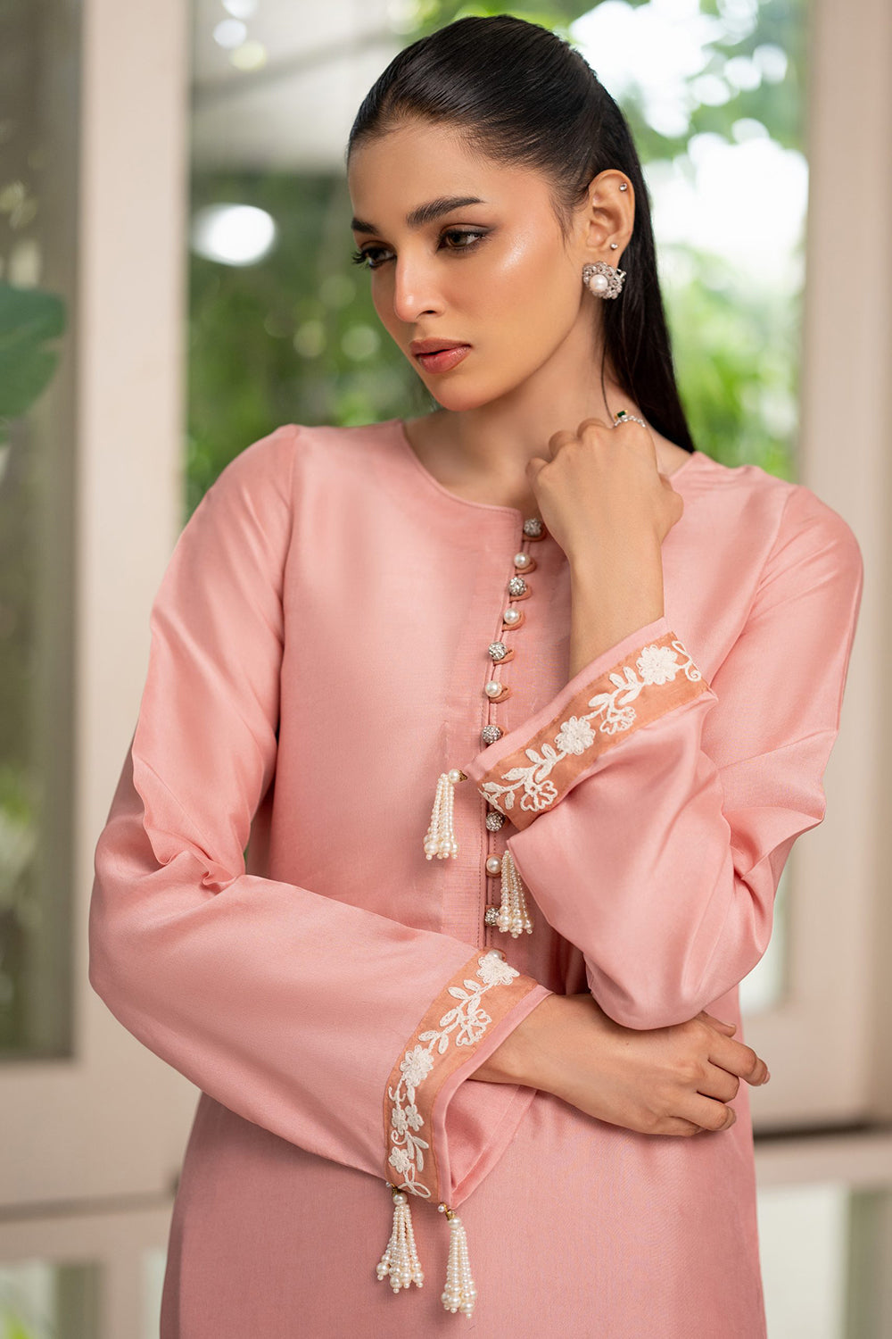 Coral Blush Embroidered Suit Set with Dupatta