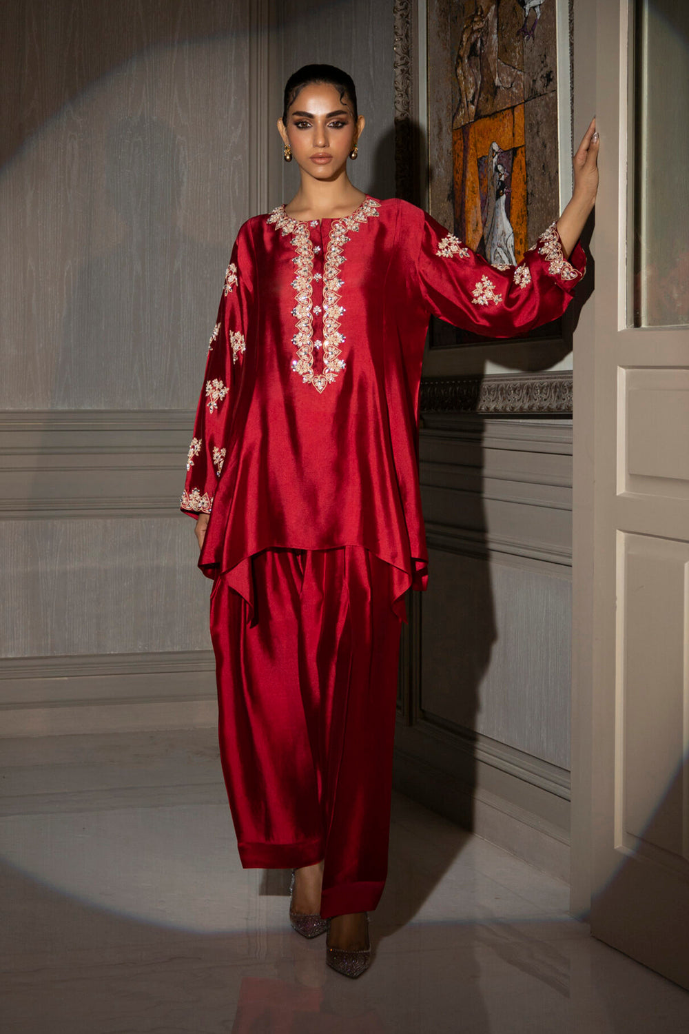 Crimson Silk Embroidered Kurta Set with Tulip Pants