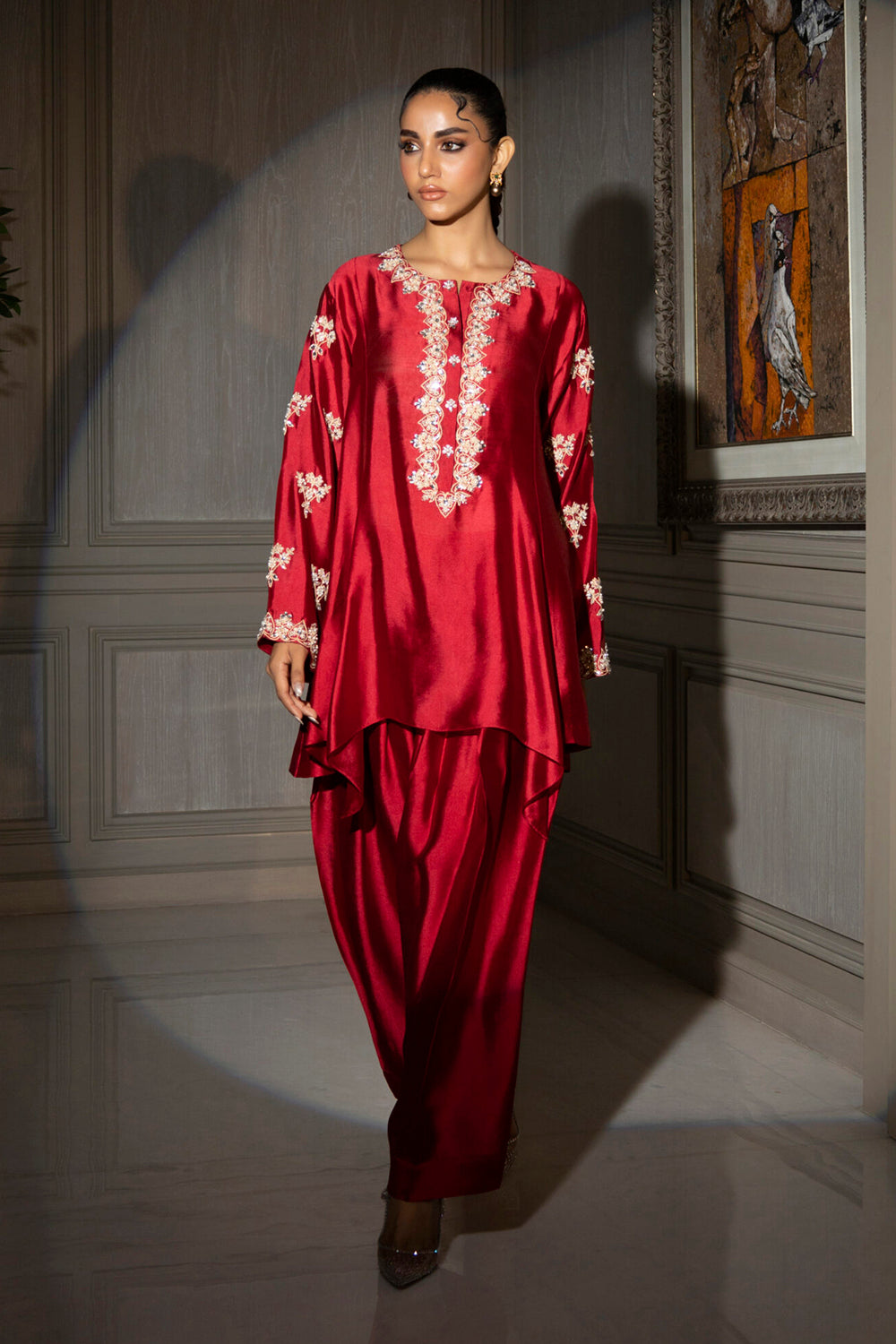 Crimson Silk Embroidered Kurta Set with Tulip Pants