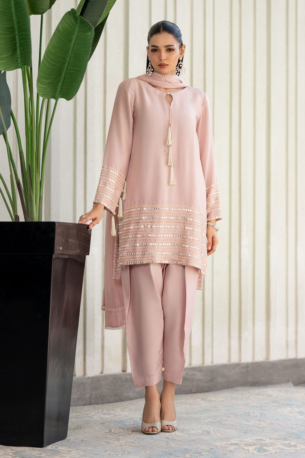 Dusty Rose Embroidered Suit Set with Dupatta