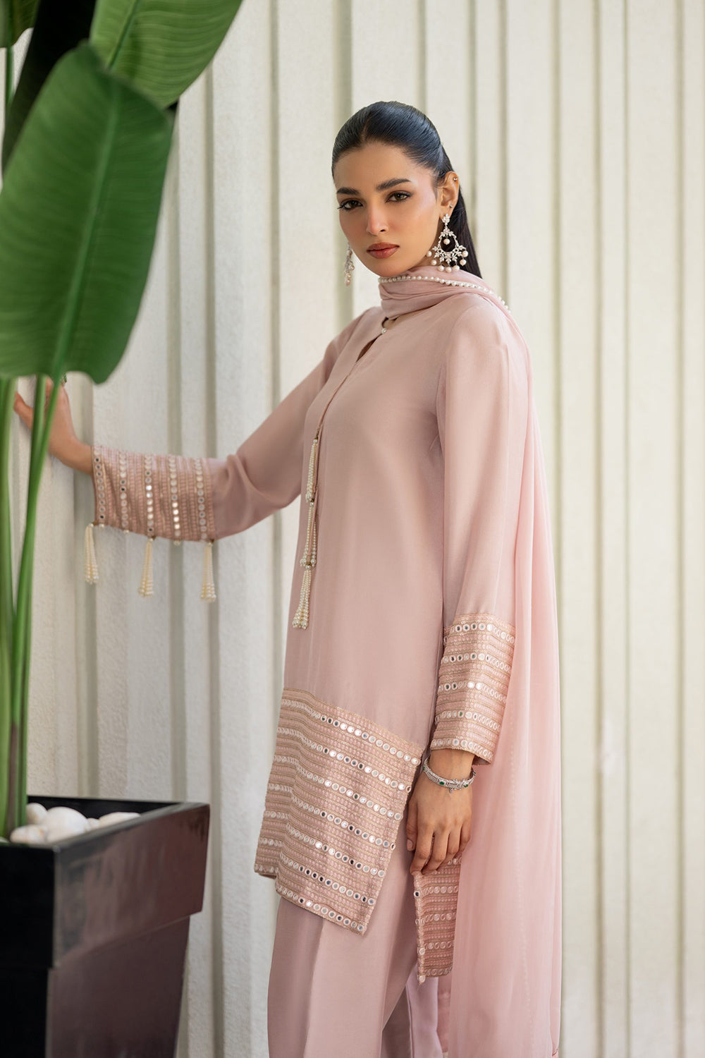Dusty Rose Embroidered Suit Set with Dupatta