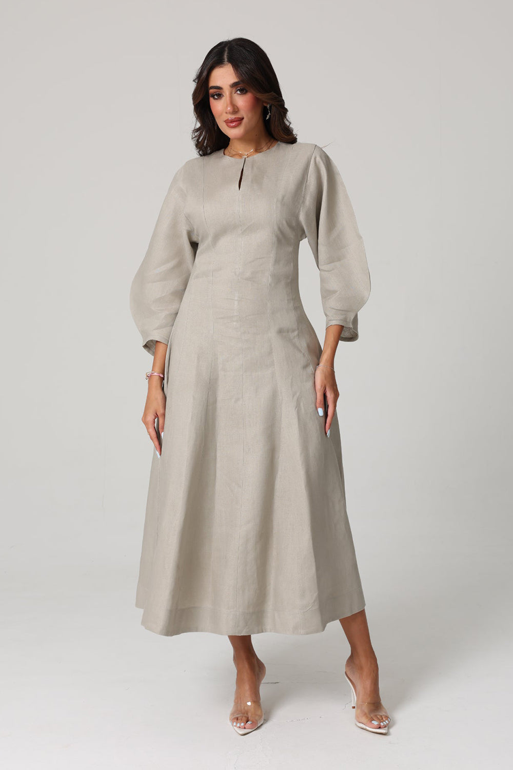 Grey Linen A-Line Midi Dress