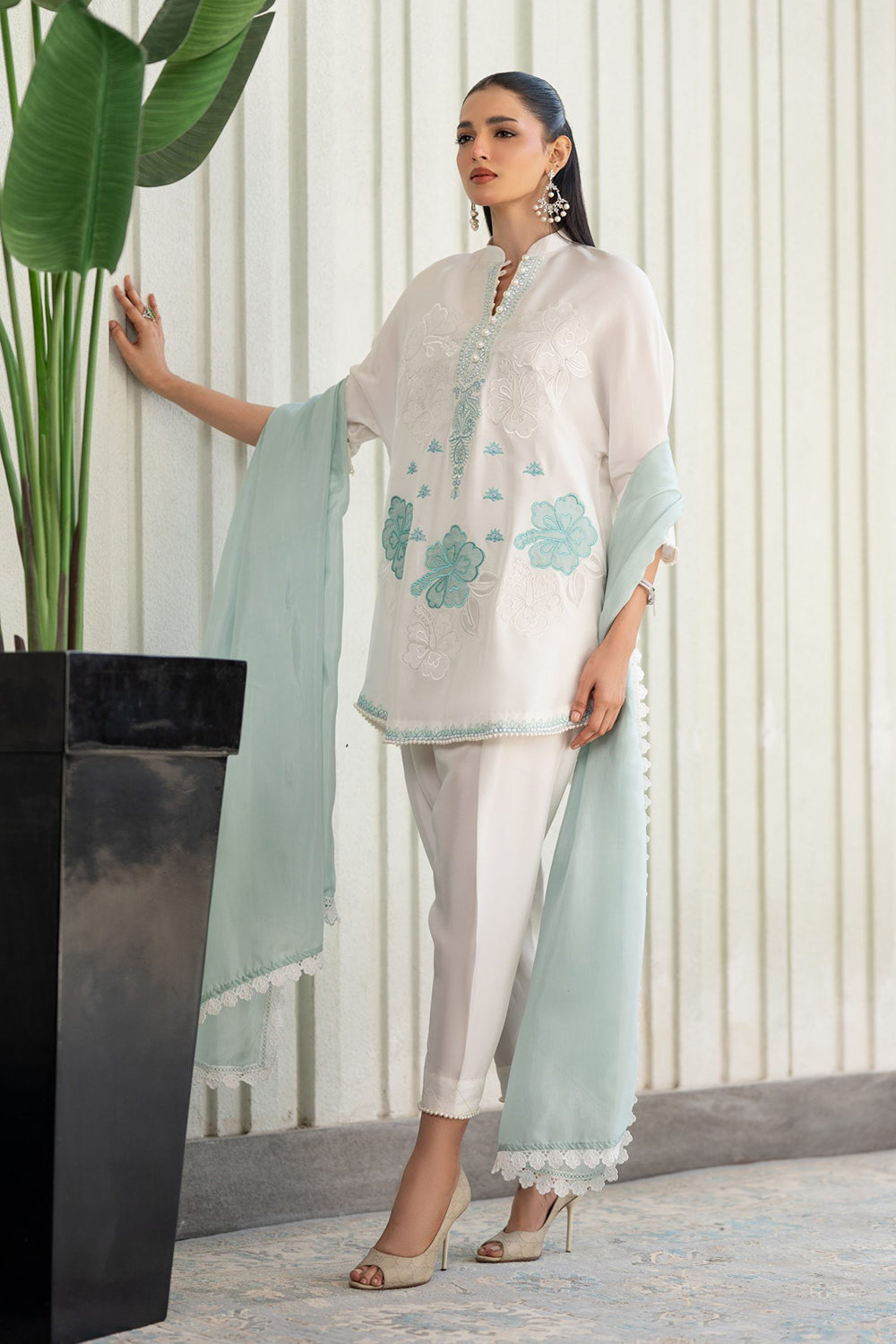 Ivory Aqua Embroidered Suit Set with Tulip Pants