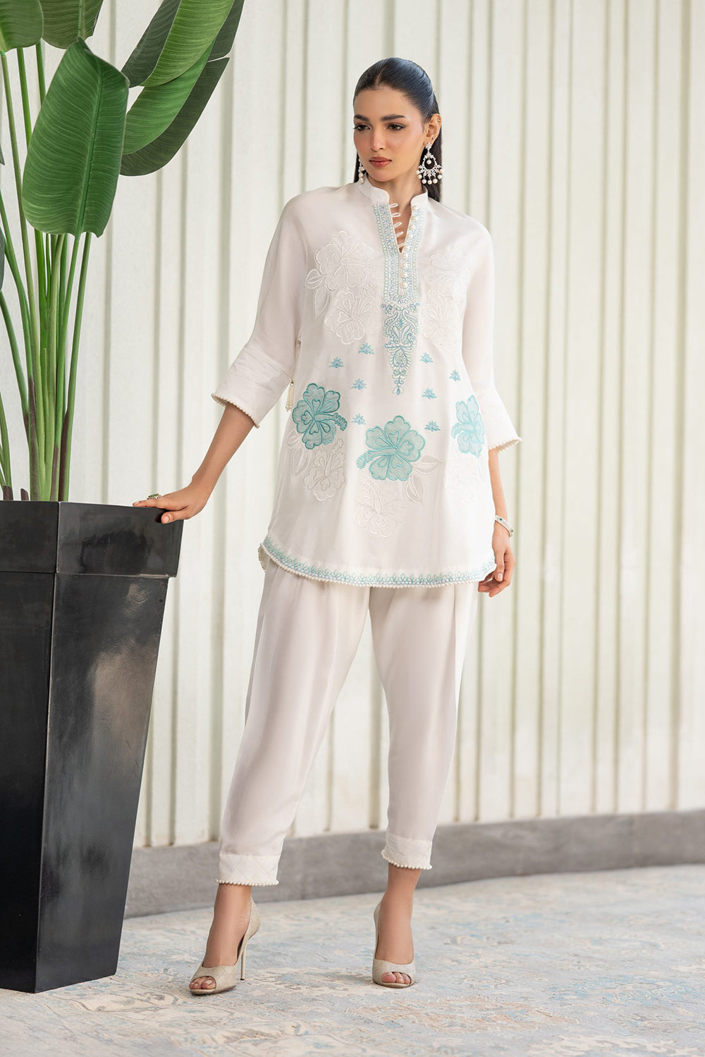 Ivory Aqua Embroidered Suit Set with Tulip Pants