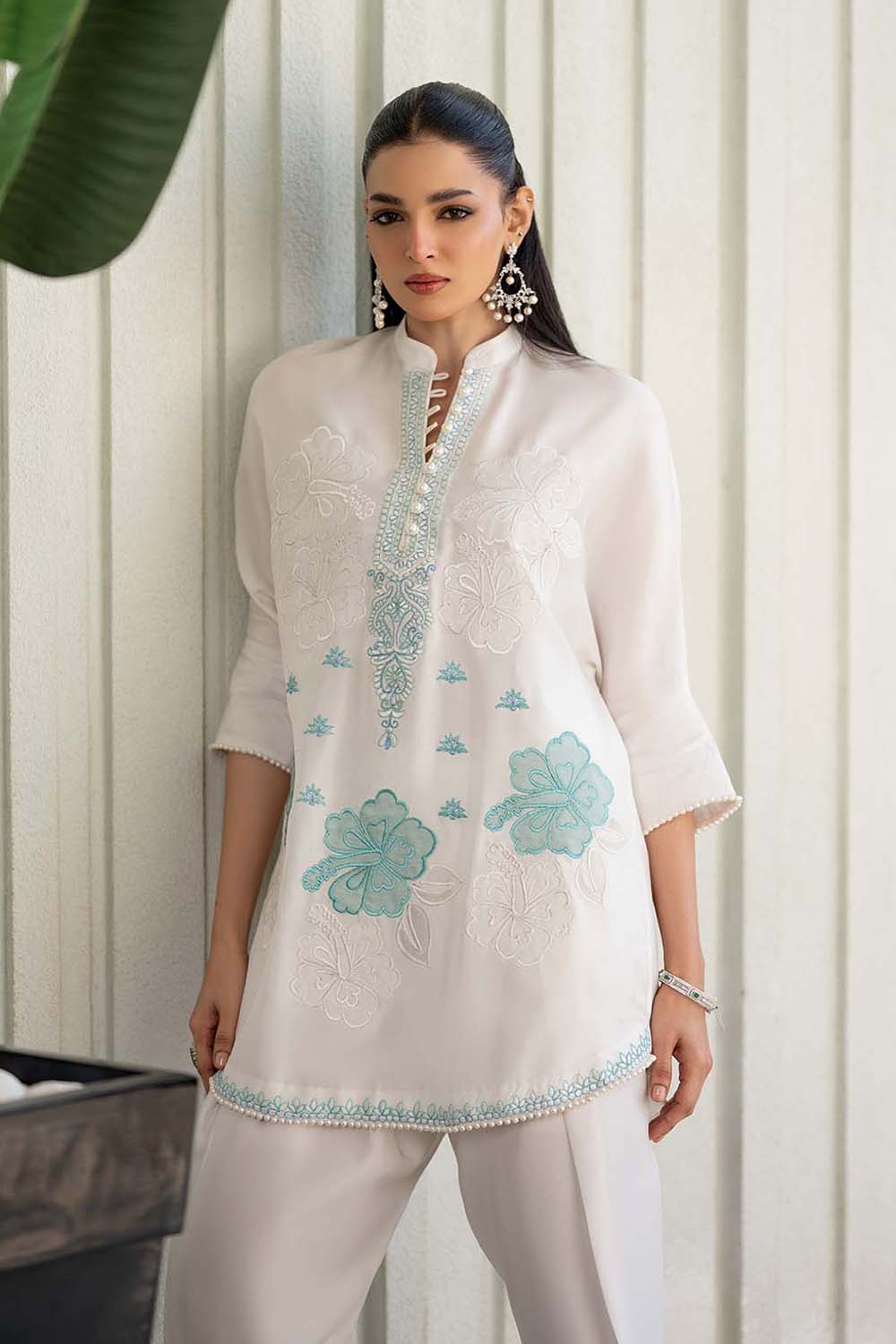 Ivory Aqua Embroidered Suit Set with Tulip Pants