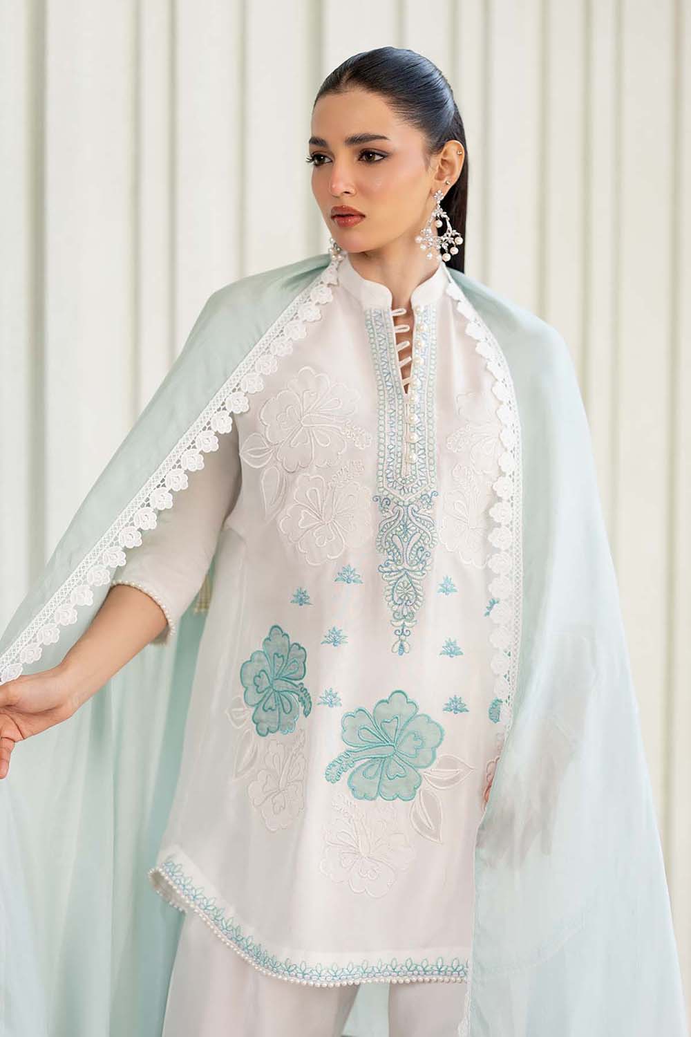 Ivory Aqua Embroidered Suit Set with Tulip Pants