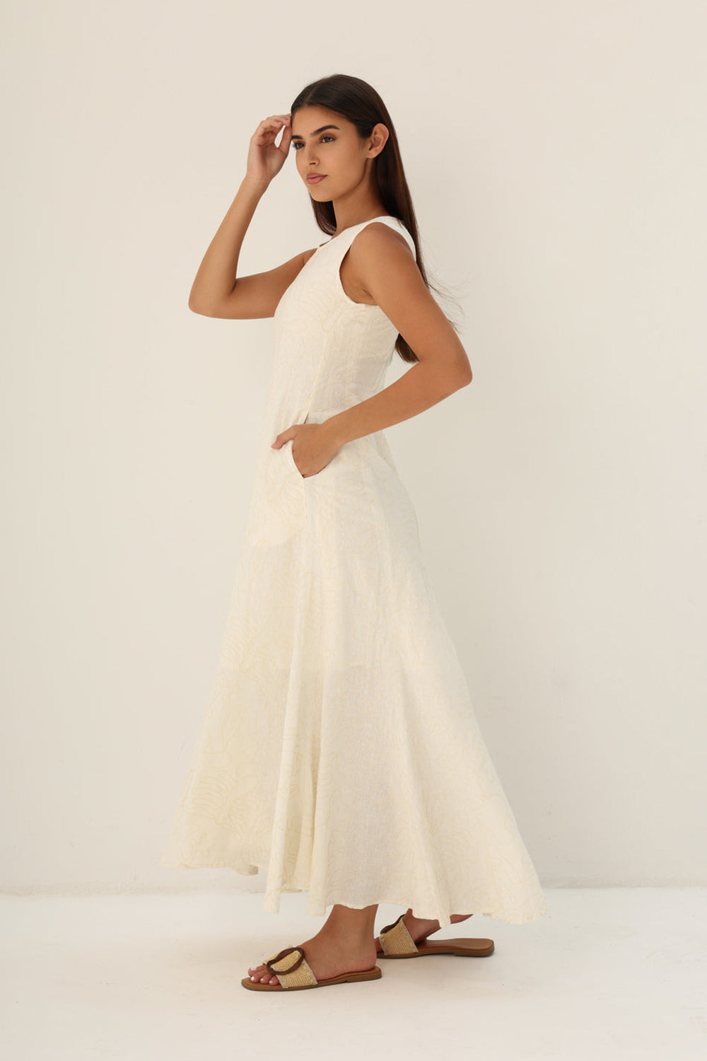 Ivory Embroidered Linen A-Line Midi Dress