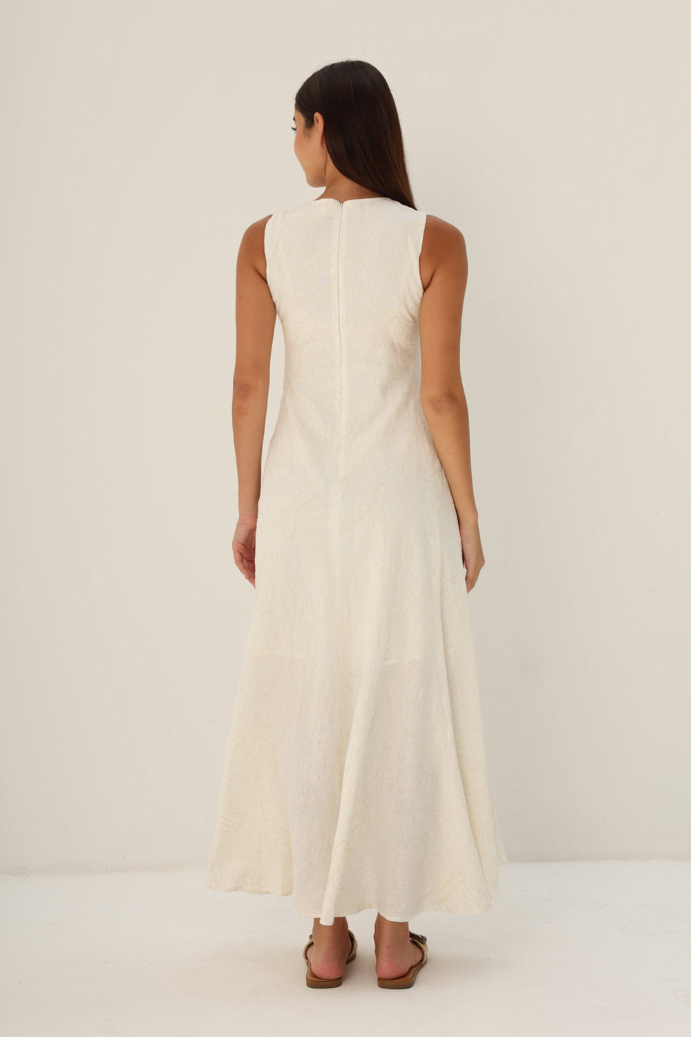 Ivory Embroidered Linen A-Line Midi Dress