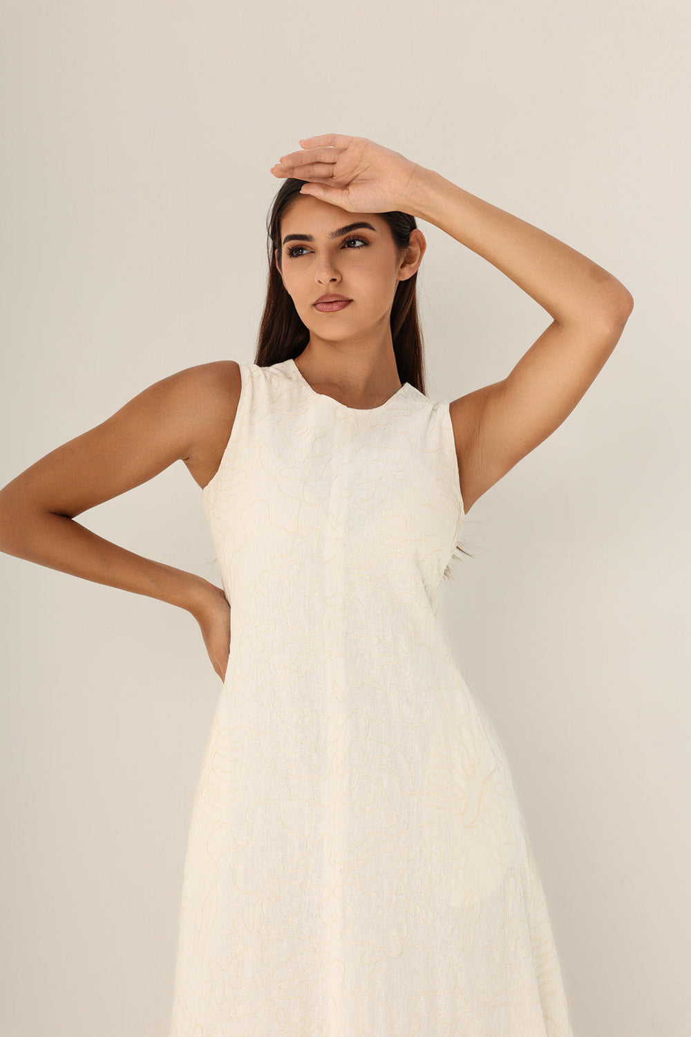Ivory Embroidered Linen A-Line Midi Dress