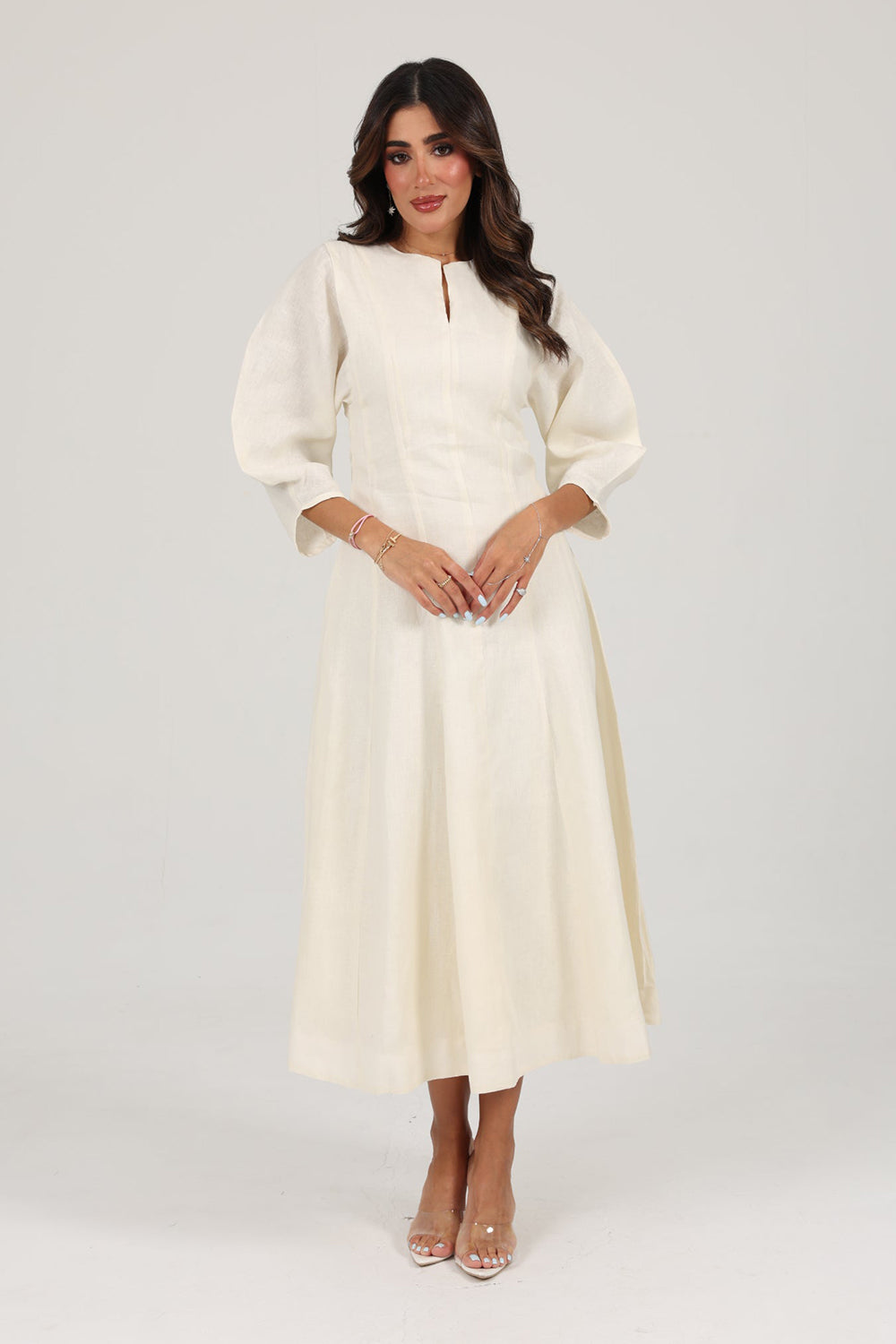 Ivory Linen A-Line Midi Dress