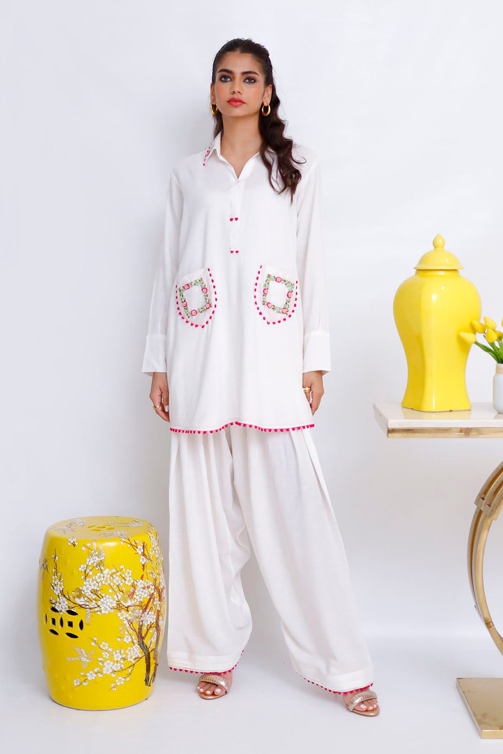 Ivory Pocket Embroidered Kurta Set