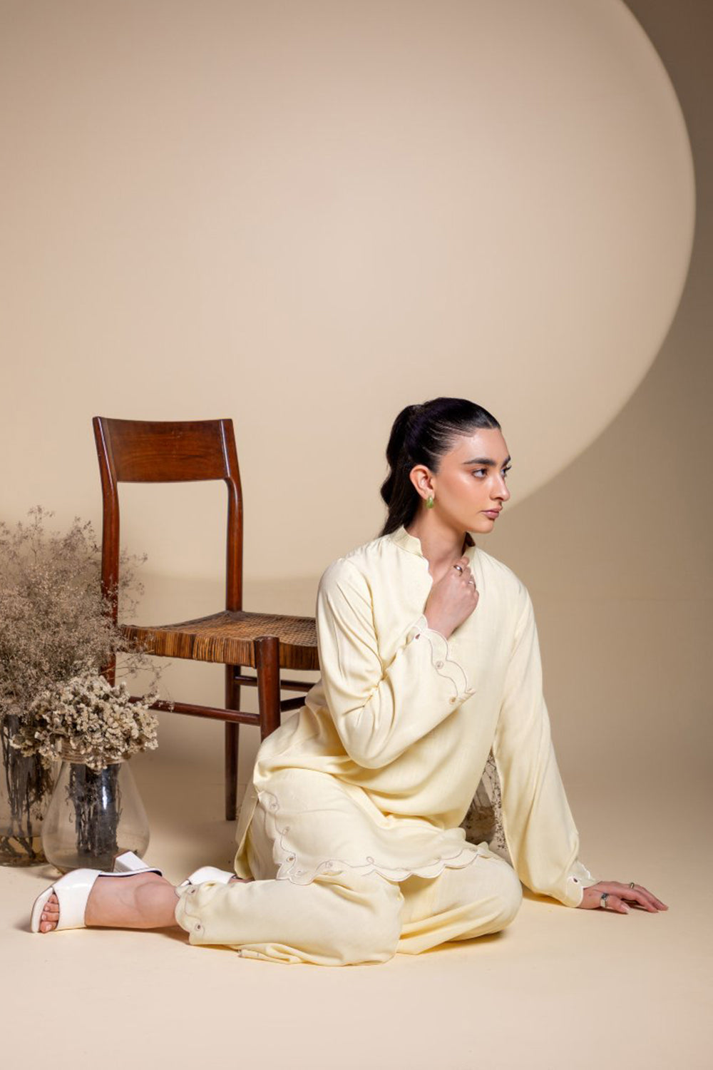 Lemon Yellow Scallop Detail Kurta Set