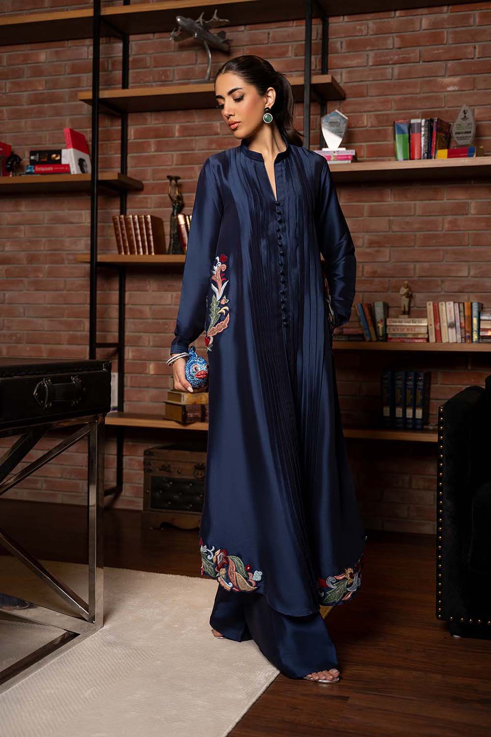 Midnight Navy Embroidered Pleated Kurta Set