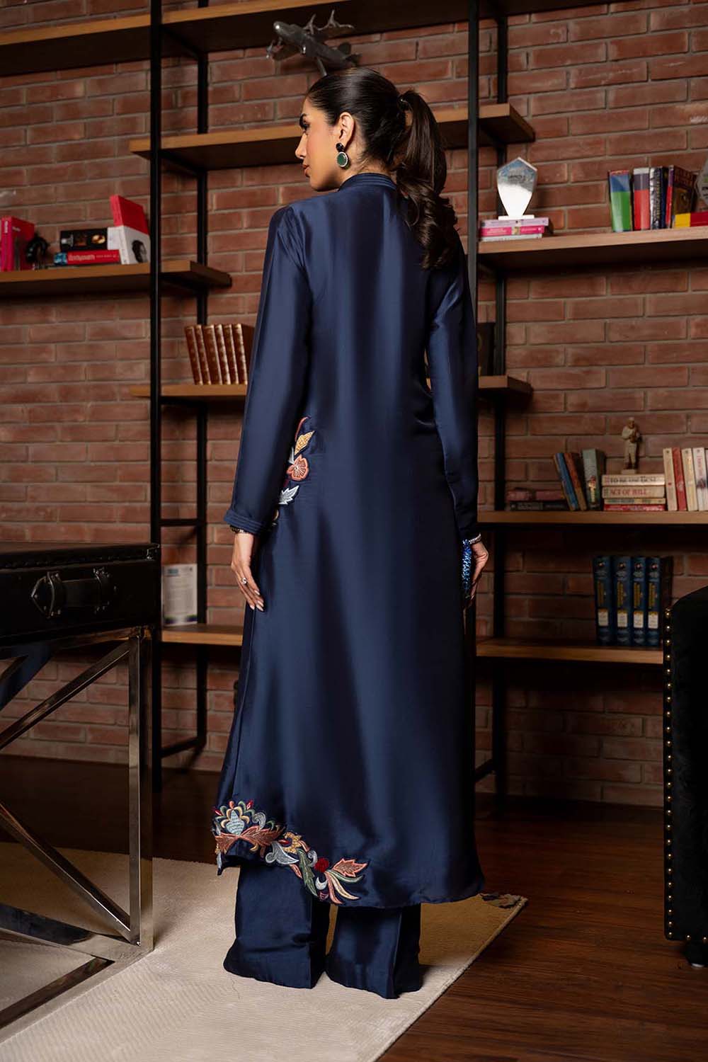 Midnight Navy Embroidered Pleated Kurta Set