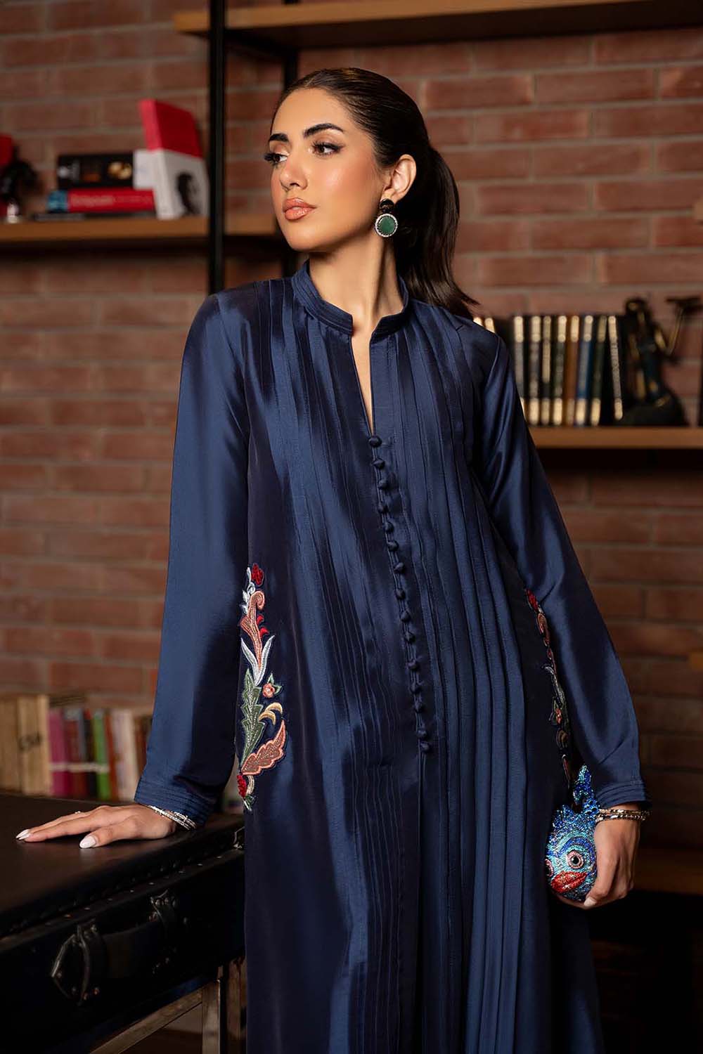 Midnight Navy Embroidered Pleated Kurta Set