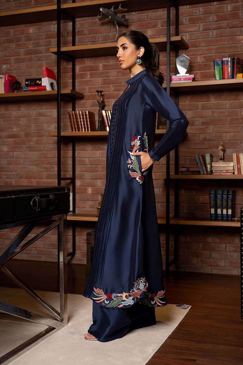 Midnight Navy Embroidered Pleated Kurta Set