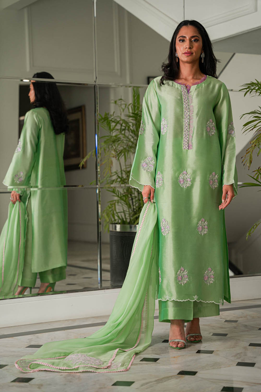 Mint Kurta Set with Organza Dupatta