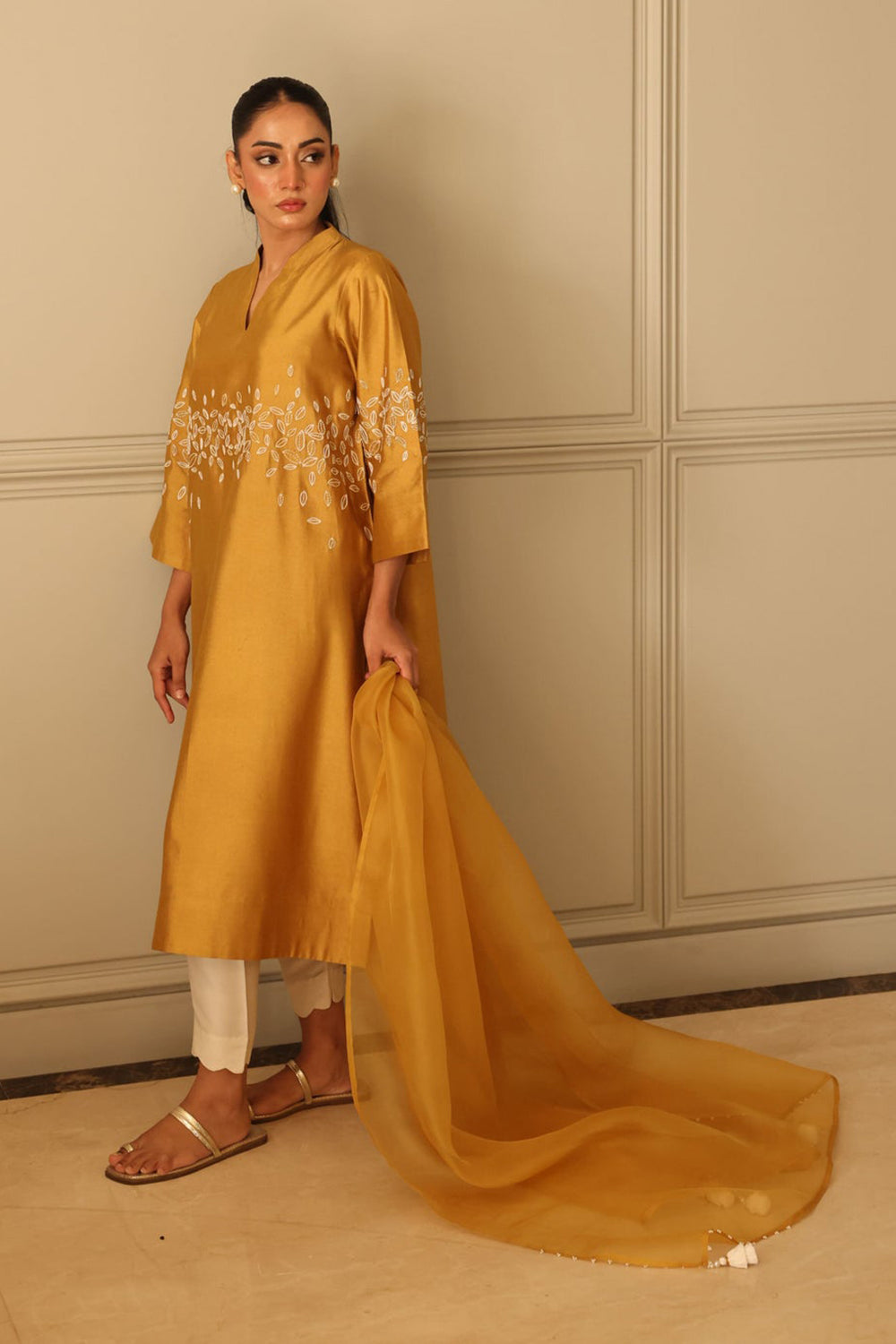 Mustard Silk Kurta Set with Embroidered Detail & Organza Dupatta