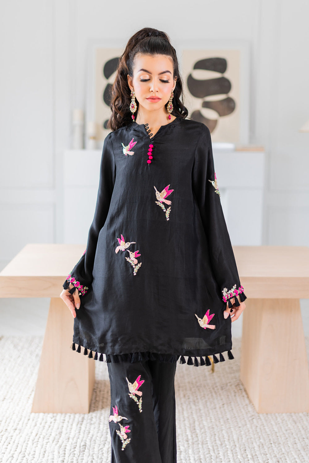 Noir Hummingbird Embroidered Kurta Set