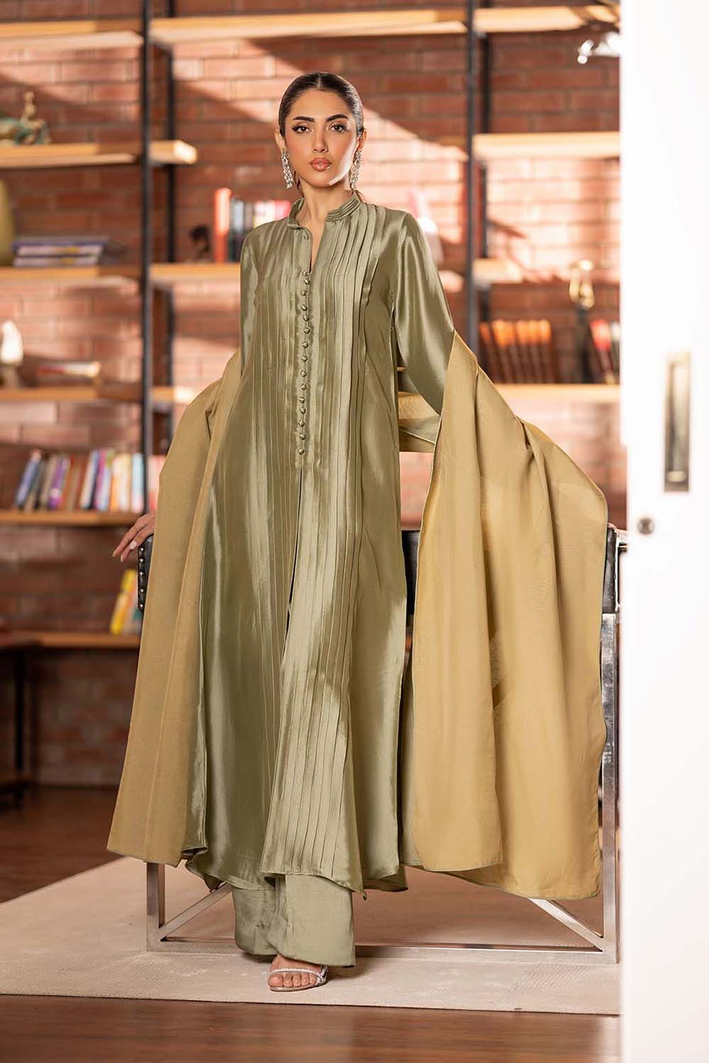 Olive Satin Pleated Suit Set with Dupatta