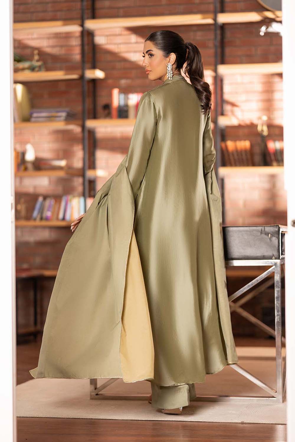 Olive Satin Pleated Suit Set with Dupatta