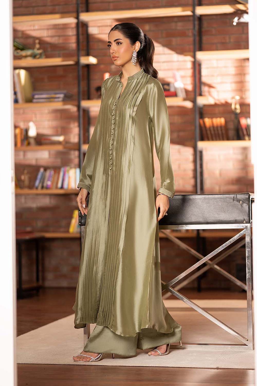 Olive Satin Pleated Suit Set with Dupatta