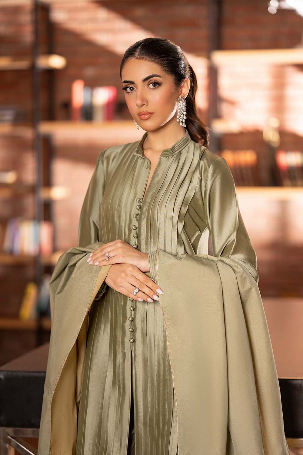 Olive Sheen Pintuck Kurta Set with Dupatta