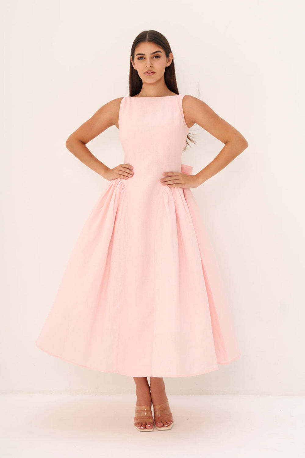 Peach Linen Fit & Flare Midi Dress